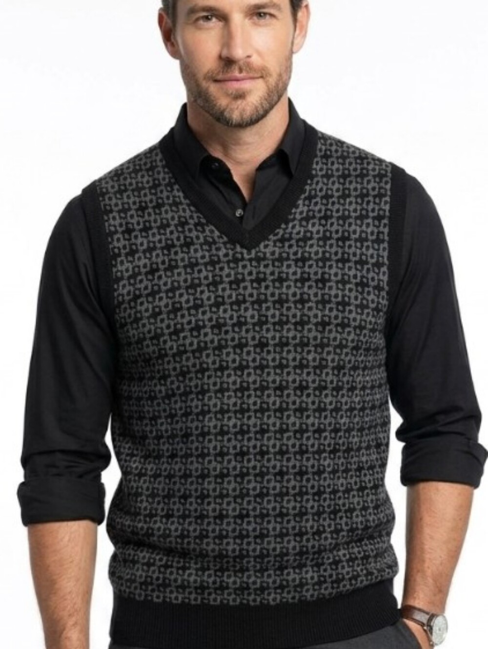 CASHMERE & BAMBOO Anthology Black and Gray Geometric Knit V-Neck Sweater Vest